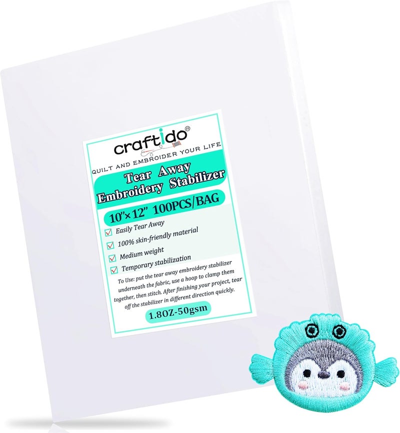 craftido 12"x10" 100 Sheets Tear Away Embroidery Stabilizer Backing for 4x4 and 6x6 Hoops 1.8oz Medium Weight for Machine Embroidery and Hand Sewing - Image 1